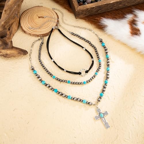 Western Necklaces Boho Turquoise Cross Necklace Set Navajo Pearl Beaded Layered Choker Cowgirl Christian Western Jewelry for Women - color: Style-A