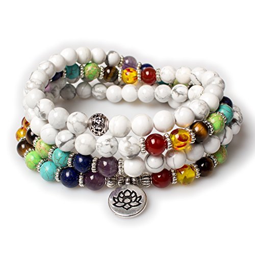 108 Mala Beads Necklace 7 Chakra Buddhist Prayer Beaded Bracelet Tree of Life Pendant Stone Yoga Necklace - color: White Howlite-Lotus