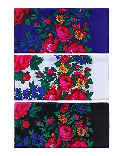 MJ SERECA Acrylic Bandana Printed Hair Scarf Square Ukrainian Head Scarf Floral Babushka Neck Scarf for Women 30"/42"/60" - color: 3 Pack-e 30"