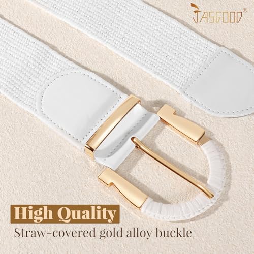 JASGOOD Straw Woven Belt for Women Dresses Boho Elastic Braided Belt Rattan Raffia Belts Ladies Wide Belt,1.97" Width - color: F-white, size: Fit waist size 40"-45"