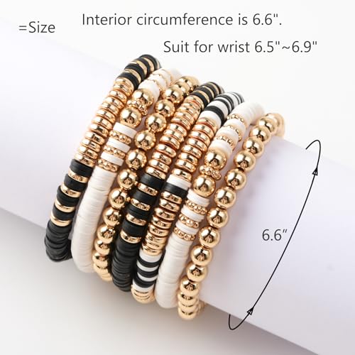 GOOJIDS Surfer Heishi Clay Bead Bracelets for Women Bohemian Stackable Gold Plated Beaded Stretch Bracelets Elastic Layering Friendship Bracelets Set Boho Jewelry - color: E-Black&White 7pcs