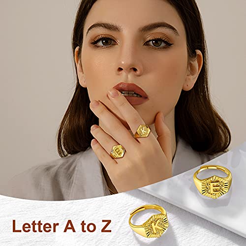 U7 Initial Ring Wedding Band for Men Women 18K Gold Plated Statement Hexagon A-Z Letter Jewelry Personalized Stackable Signet Rings - color: A