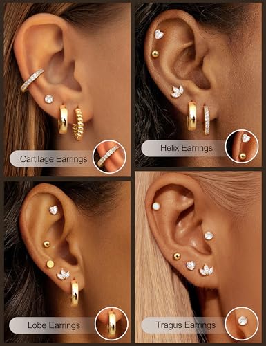 Hypoallergenic Flat Back Earrings Stacks for Women - Surgical Steel Studs Small Hoop Flatback Stud Cartilage Earring Sets for Multiple Piercing Jewelry 14K Gold/Silver Plated 9Pairs