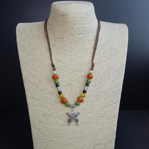 Boho Style Colorful Ceramic Bead Strand Necklace Adjustable Bohemian Jewelry Gift for Women, Fashion Clothing Matching Necklace - color: Orange