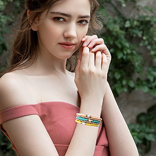 GOOJIDS Surfer Heishi Clay Bead Bracelets for Women Bohemian Stackable Gold Plated Beaded Stretch Bracelets Elastic Layering Friendship Bracelets Set Boho Jewelry - color: A-Multicolor 5pcs