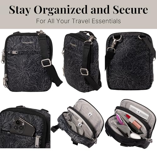 Baggallini Securtex® Anti-theft Mini Everything Crossbody Bag, 6.3"x8.25" Rfid, Locking Zippers & Cut-resistant Strap - color: Midnight Blossom Print