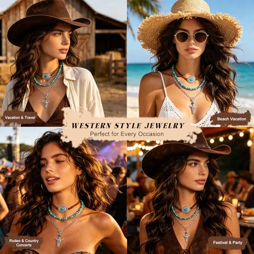 Western Necklaces Boho Turquoise Cross Necklace Set Navajo Pearl Beaded Layered Choker Cowgirl Christian Western Jewelry for Women - color: Style-C