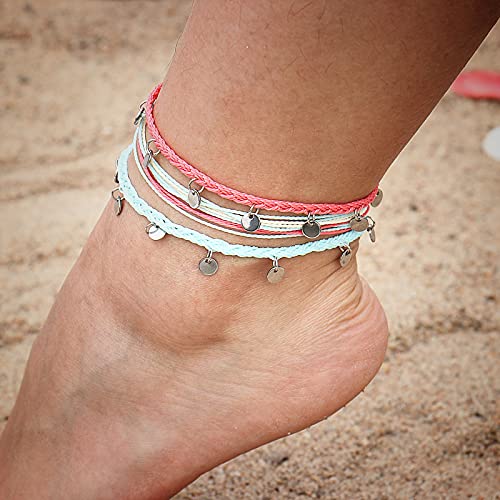 FANCY SHINY String Ankle Bracelets Waterproof Rope Anklets Braided Beach Boho Coin Anklets Cute Friendship Foot Jewelry for Women - style: Teal
