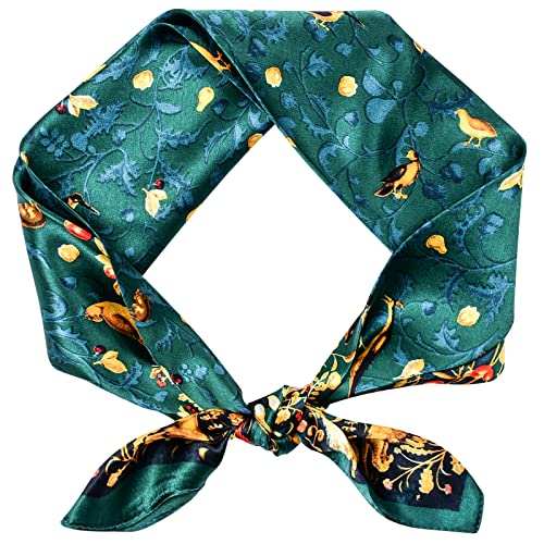 Stlvoll 100% Silk Head Scarf for Women - 27" Hair Scarves Satin Bandanas Square for Night Sleeping with Gift Packed - color: Green/Yellow/Bird