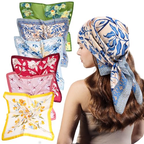 JATEBI 27''/35'' Women Large Satin Scarf Silk Feel Square Wraps Big Hair Bandanas Vintage Print Solid Color Bandana Scarves - color: Green, Blue, Red, Pink, Sky Blue, and Yellow Floral, size: 27'' Medium