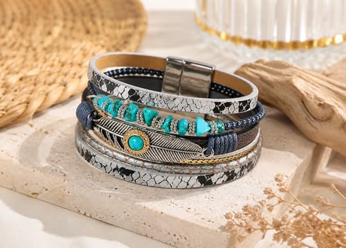 Boho Layered Bracelet for Women – Green Crystal Beaded Wrap Bracelet with Gold Clasp, Multi-Strand Hypoallergenic Statement Jewelry - color: Turquoise Multi Layer