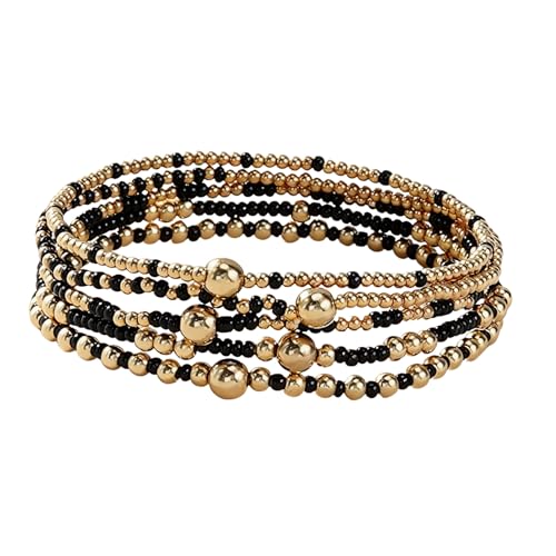 Dainty Gold Beaded Stack Bracelets for Women, Boho Bohemian Black Stackable Stretch Bead, Handmade Colorful Seed Beads Layering Jewelry