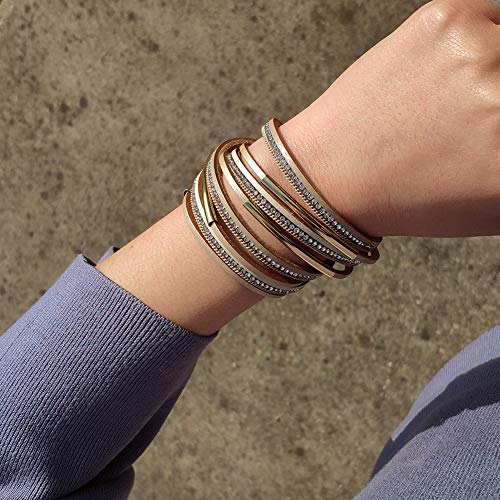 Artilady Leather Wrap Bracelets for Women - Pearl Bracelets Handmade Clasp Bangle Bracelet with Beads Jewelry Gift for Women and Mother - style: Light Brown with Gold bar