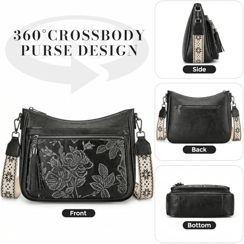 Crossbody Bags for Women, Vegan Leather Medium Crossbody Purse, Spacious Daily Travel Shoulder Bag with Boho Strap - color: Black Silver