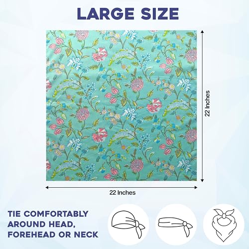 AVKA Studio 100% Cotton Bandanas for Women & Men, 2 Pack 20x20 Inch, 22x22 inch Hand Printed, Lightweight Cotton Handkerchief - color: Turquoise, size: 22 x 22 Inches Large
