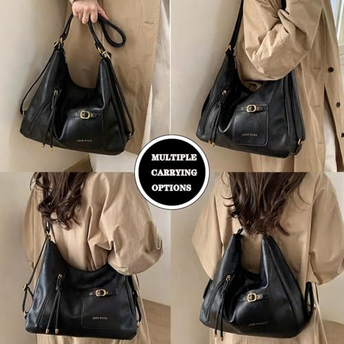 Y2K Trendy Purse for Women, Leather Buckle Punk Hobo Clutch Purses Bags for Ladies Top Handle Shoulder Bag - color: Bigblack