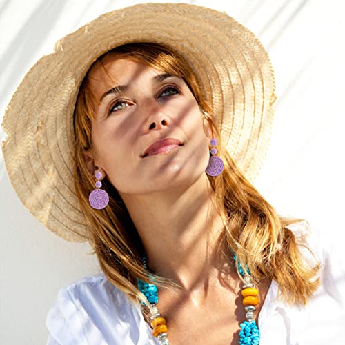 Boho Raffia Ball Earrings for Women, Handmade Statement Drop Earrings Straw Dangle Earrings Beach Vacation Jewelry - color: Purple