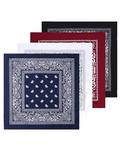 Bycc Bynn Large 27" x 27" 100% Cotton Bandanas - Set of 4 - color: Black+burgundy+white+navy Blue