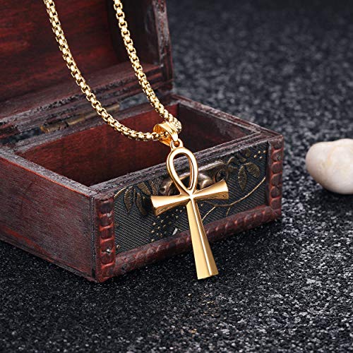 Rehoboth Stainless Steel Ancient Egyptian Coptic Ankh Cross Pendant Necklace for Womens Mens 24 Inch Chain Black Gold Silver - color: Gold
