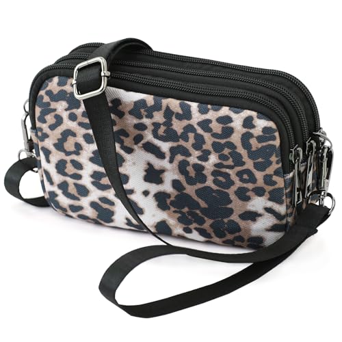 Small Wristlet Wallet for Women, 3-Zip Crossbody Phone Purse - color: Whitemesh-d-leopard/Polyester