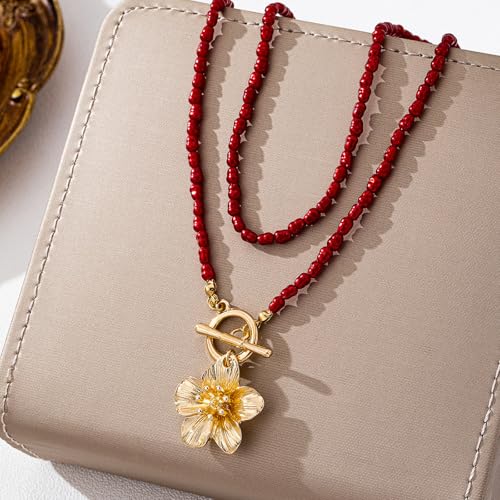 Red Beaded Necklace for Women Choker Gold Toggle Clasp Layered Stack Dainty Statement Western Boho Trendy Summer Vacation Necklaces Birthday Jewelry Gifts - color: B1:Red Beaded Necklace