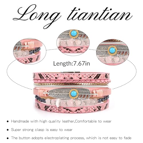 Long tiantian Boho Leather Wrap Bracelets Western Bracelets for Women Stackable Starfish Crystal Pearl Turquoise Leather Bracelet With Clasp Jewelry Gifts Boho Dresses - color: A3:Pink Bracelet