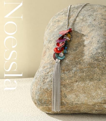 Noessla Boho Long Pendant Necklaces for Women Silver Tassel Long Necklace Sweater Chain Mothers Day Gifts Silver Costume Jewelry for Women - color: 81-Colorful