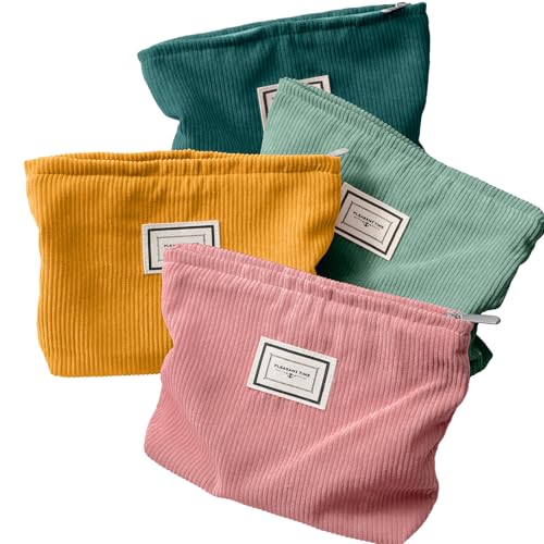 Sanwuta 4 Pack Velvet Makeup Bag Cosmetic Bag for Women Large Capacity Corduroy Pouch Zipper Canvas Travel Toiletry Purse Make up Organizer Case Accessories(Retro Color,Plaid) - color: Retro Color