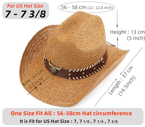 Straw Cowboy Hat, Western Cowgirl Hat, Wide Brim Sun Beach Hat for Men and Women - color: Khaki-m22