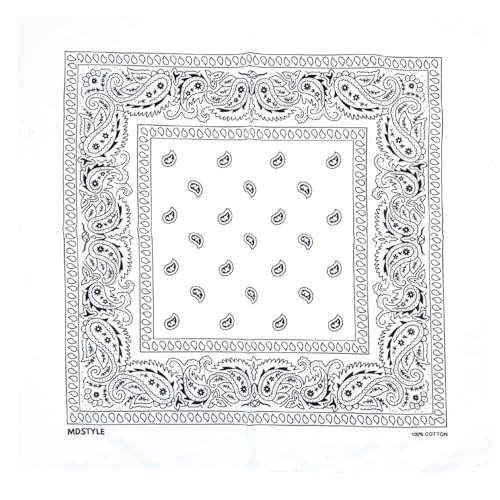 MDSTYLE 100% Cotton Bandana for Men & Women 22" x 22" Paisley Pattern Handkerchief Headband Scarf - color: White