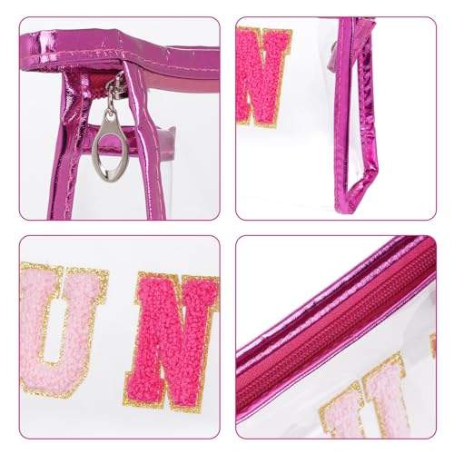 Preppy Patch Makeup Bag, Sun Chenille Letter Bag for Beach, Pouch with Zipper, Travel Bags Clear Cosmetic Toiletry Bag for Women Girls Teens (Rose Red) - color: Rose Red
