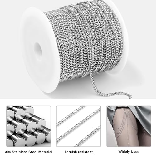 66 Feet Stainless Steel Curb Chains Roll, 1.5 mm 304 Stainless Steel Flat Twisted Links Chains Bulk Spool for Jewelry Making DIY Craft - color: Stainless Steel, size: 1.5mm width