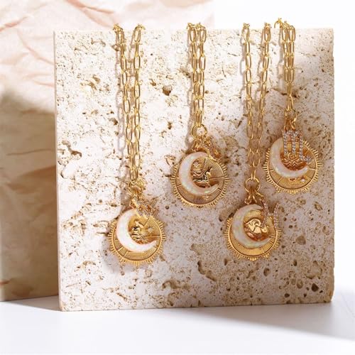 Dainty Gold Zodiac Embossed Coin Opal Crescent Moon Charm Necklace for Women Trendy 18K Gold Plated Retro Paperclip Chain 12 Constellation Horoscope Necklaces Astrology Jewelry Gifts - style: 11.AQUARIUS (JAN 20-FEB 18)