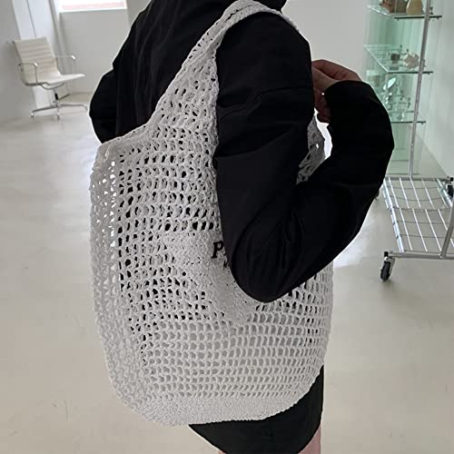 POOOPSSD New Woven Bag, Straw Mesh Tote Bag, Beach, Shoulder Bag, Hobo Women, Foldable Large Capacity, for Holiday. - color: White