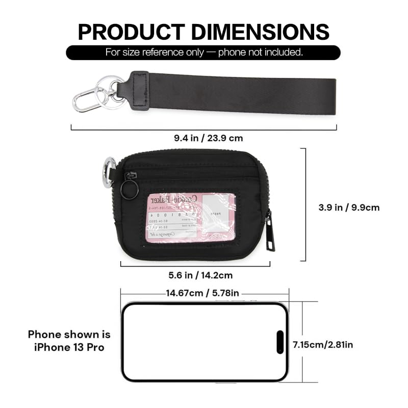 Wristlet Wallet for Women Mini Zip Card Case with Clear ID Window Zipper Coin Purse Lightweight Portable Keychain Wallet - color: Black