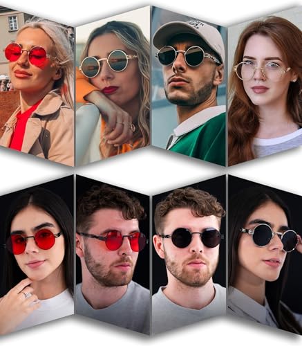 AIEYEZO Round Steampunk Sunglasses for Men Women Retro Circle Hippie Glasses Metal Frame 100% UV Blocking Lens - color: 2 Pack (Black/Red, Gold/Grey)