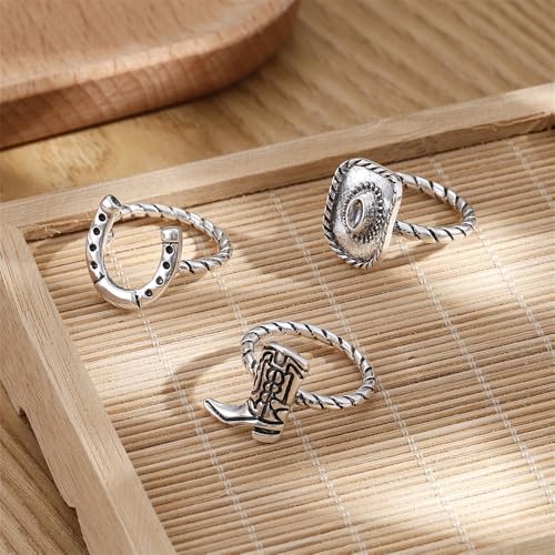 NewZenro 3PCS Western Cowboy Stacking Rings Set for Women Men Vintage Boho Cowgirl Hat Boot Horseshoe Stackable Statement Finger Band Rings Comfort Fit Country Concert Party Holiday Jewelry Size 7 - color: Silver