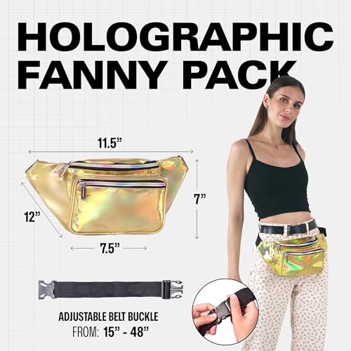 Holographic Fanny Pack Belt bag - Crossbody Waist Bag for Men or Women - Hands-Free, Waterproof Large Bumbag for Hiking, Running, and Travel (Gold) - color: Holographic Gold