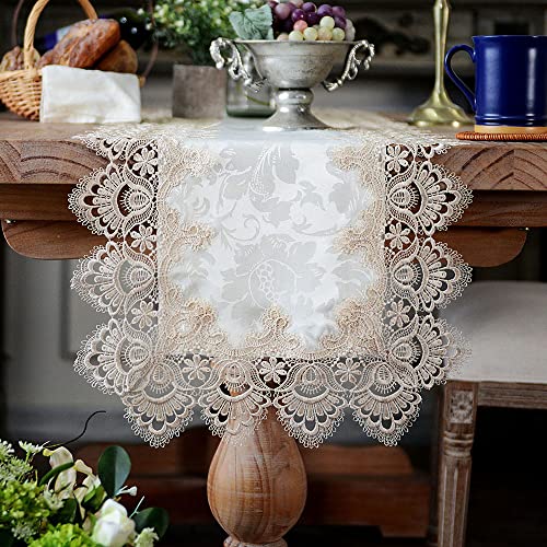 ARTABLE Lace Table Runner Macrame Farmhouse Boho Christmas Rustic Embroidered Dresser Scarf Oblong for Wedding Shower Kitchen Outdoor Party Decor (Light Brown, 16 x 84 Inch) - color: Light Brown, size: 16 x 84 Inch