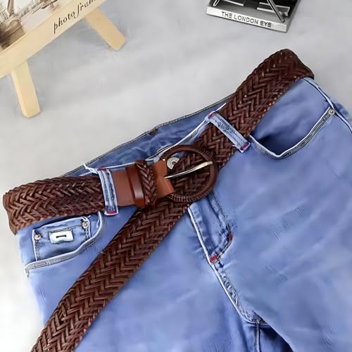 Women Wide Braided Leather Belt 1.6 inch Ladies Soft Woven Waistband with Buckle - color: Brown