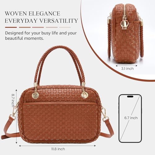 Chic Woven Crossbody Camera Bag, Soft Vegan Leather Purse with Designer Look & Braided Handle - color: Brown