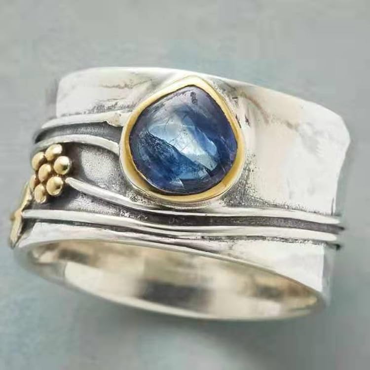 Mnyixsi Vintage Silver Blue Moonstone Ring 925 Sterling Silver Retro Princess Waterdrop Cut Sapphire Band Diamond Gemstone Wedding Engagement Ring Gemstone Boho Ring Size 8 - size: Size 8