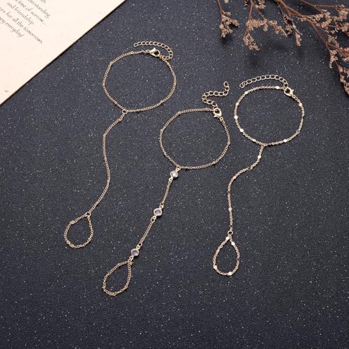 3 Pack Gold Hand Chain Bracelet Set for Women – Dainty Layered Finger Ring Bracelets, Boho Wrist Accessory for Wedding Prom Beach Party, Elegant Hand Jewelry Gift for Bridesmaids Daughter
