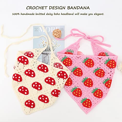 DRESHOW Floral Crochet Hair Bandana Tie Knotted Headscarf Vintage Headband Knitted Head Kerchief for Women Girls - color: 2 Pcs Strawberry Mushroom (Pink + Beige)