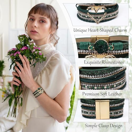 Leather Wrap Bracelet for Women, Boho Cuff Bracelet with Strong Clasp, Multi-Layer Crystal Leather Bracelet for Valentine Mother's Day - color: 01-Heart-Green