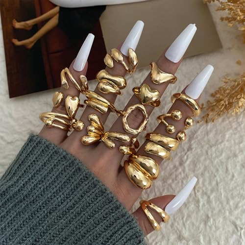 IFKM Gold Chunky Rings Set for Women 14k Gold Plated Thick Dome Stackable Open Rings Trendy Dainty Minimalist Jewelry Gifts - color: Gold, style: 17pcs Fashion