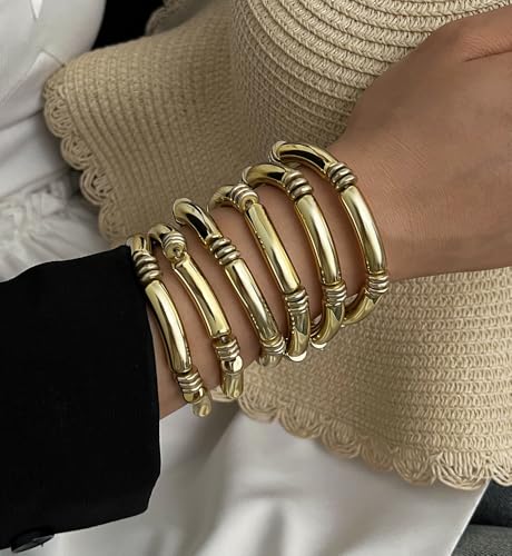 iF YOU 6pcs Chunky Acrylic Bangle Bracelets for Women, Resin Bamboo Brown Stretchy Bracelet Stack, Fashion Jewelry for Women - color: 6 Gold thin acrylic bracelets