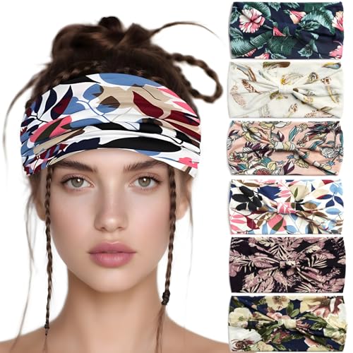 6 Pack Boho Style Women's Headbands, Non slip Fashion Wide Elastic hairband, Daily Sports Yoga Workout Women's Hair Bands,Floral Print-Flowers - color: Type 6