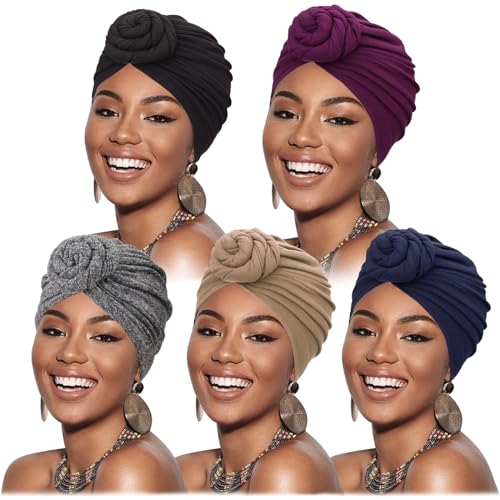 DRESHOW 5 Pack Knotted Headwraps for Women African Turban Pre-Knotted Beanie Headwraps Hair Covers - color: 5 Pack Donuts: Purple/Tan/Navy/Hemp Grey/Black