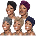 DRESHOW 5 Pack Knotted Headwraps for Women African Turban Pre-Knotted Beanie Headwraps Hair Covers - color: 5 Pack Donuts: Purple/Tan/Navy/Hemp Grey/Black